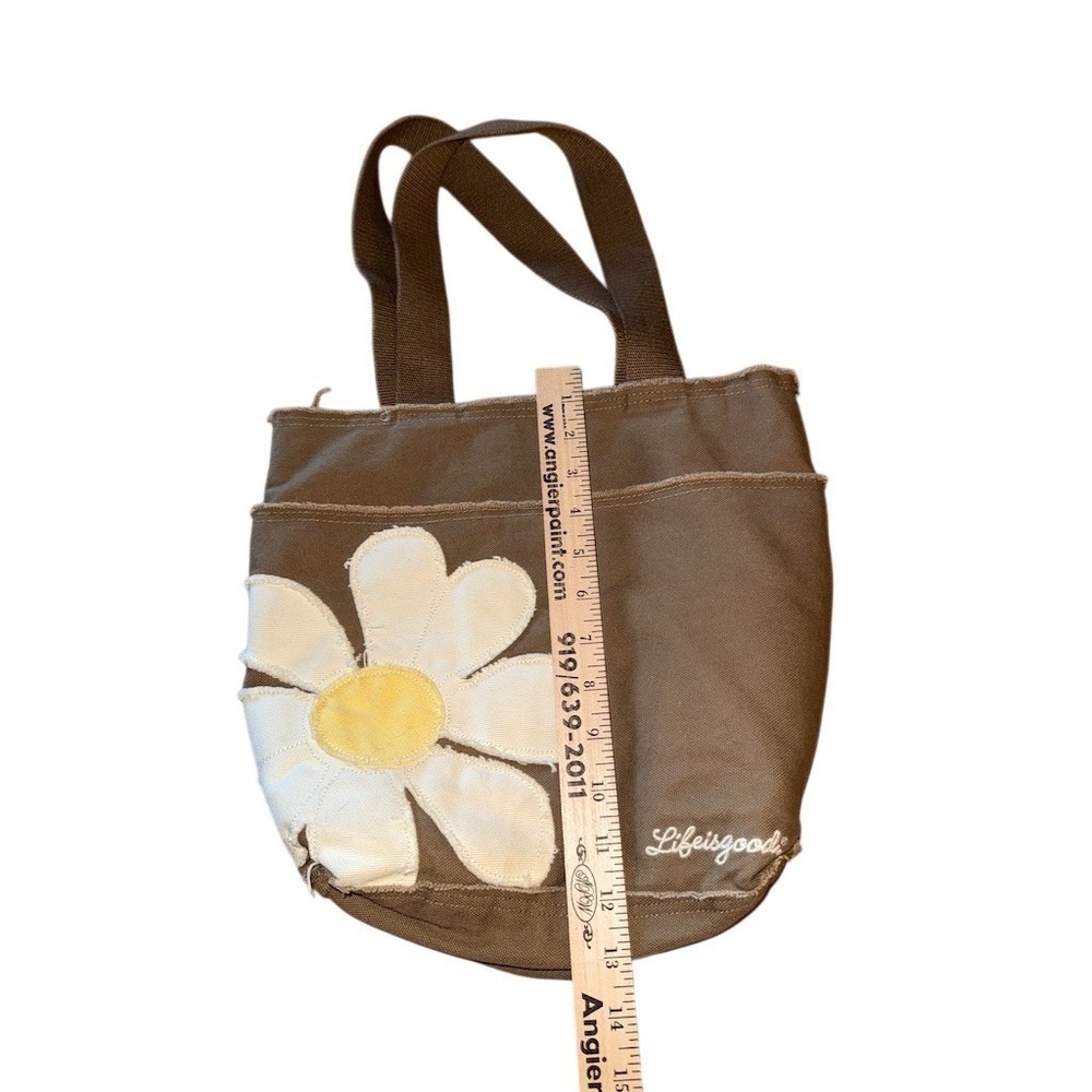 Life is Good Tote Bag Brown Medium Floral Daisy Applique Reusable Shopper boho - Picture 3 of 8